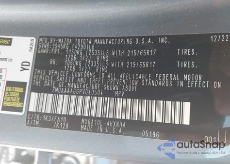 2023 Toyota Corolla Cross L z USA, uszkodzony, nr VIN 7MUAAAAG6PV040504